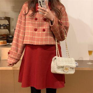 Double Breasted Plaid Jacket / Sleeveless Mini Shift Dress