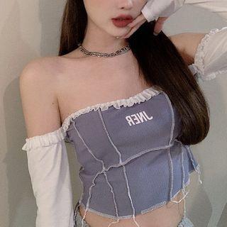 Ruffled Lettering Off-shoulder Long-sleeve Top