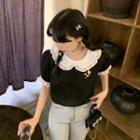 Short-sleeve Two-tone Collared Floral Blouse Black - One Size