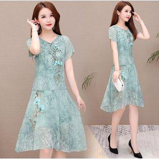 Mock Two-piece Flower Print Short-sleeve Midi A-line Dress