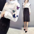 Set: Butterfly Applique Shirt + Midi Denim Skirt