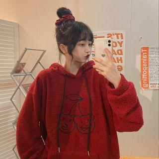 Bear Embroidered Hoodie Wine Red - One Size