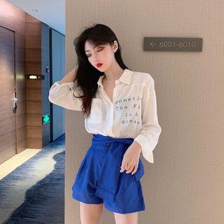 Lettering Long-sleeve Shirt / Tie-front Wide Leg Shorts
