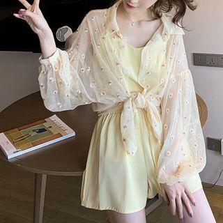 Set: Floral Loose-fit Shirt + Camisole + Shorts