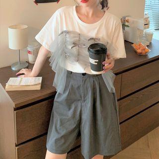 Elbow-sleeve Bow-accent Mesh Panel T-shirt White - One Size