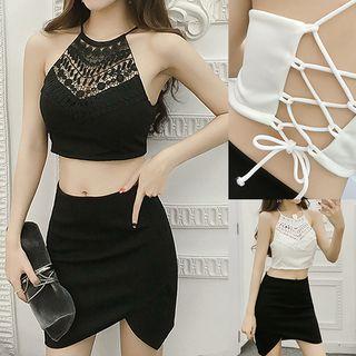 Set: Lace Panel Halter Crop Top + Asymmetrical Mini Pencil Skirt