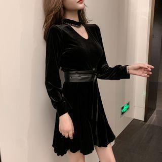 Long-sleeve Fringed Velvet Mini A-line Dress