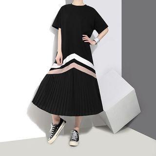 Short-sleeve Pleated Midi A-line Dress 3412 - Short Sleeve - Blue - One Size