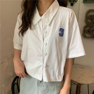 Elbow-sleeve Number Buttoned Top