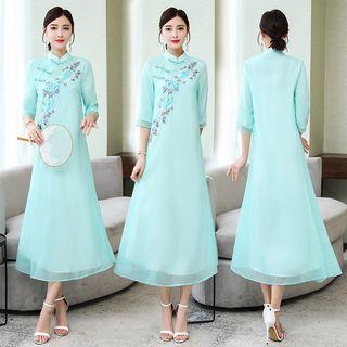 Traditional Chinese 3/4-sleeve Floral A-line Midi Dress
