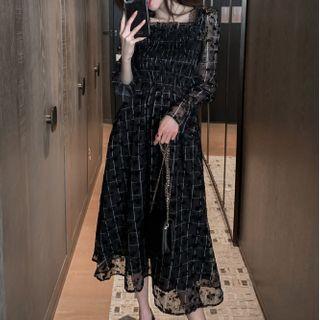 Plaid Bell-sleeve Midi A-line Dress
