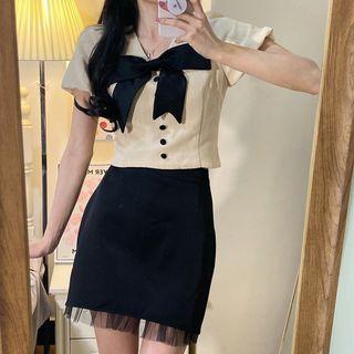 Set: Bow Cropped Blouse + Mini Pencil Skirt