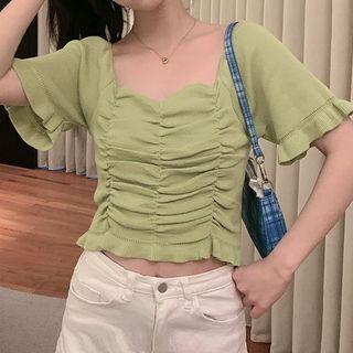 Short-sleeve Shirred Frill Trim Top