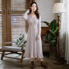 V-neck Long-sleeve A-line Midi Dress Pink - One Size