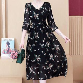 Floral Print 3/4-sleeve Midi A-line Chiffon Dress