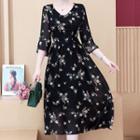 Floral Print 3/4-sleeve Midi A-line Chiffon Dress