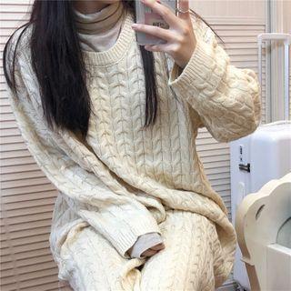 Long-sleeve Chunky Knit Midi Dress Milky White - One Size