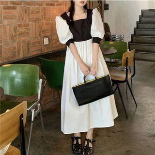 Puff-sleeve Two-tone Midi A-line Dress Black & White - One Size