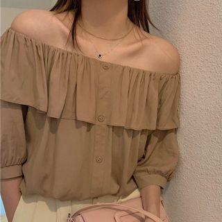 Off-shoulder Ruffle Button-up Blouse Khaki - One Size