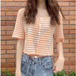 Short Sleeve Striped Cropped Cardigan