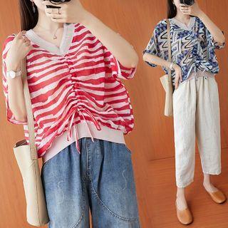 Printed Short-sleeve Drawstring Blouse