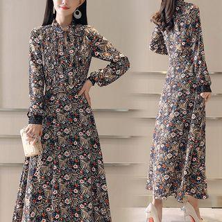 Frilled Trim Tie-neck Floral A-line Maxi Dress