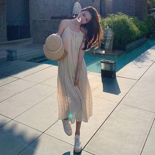 Set: Spaghetti-strap Dotted Chiffon Sundress + Cardigan