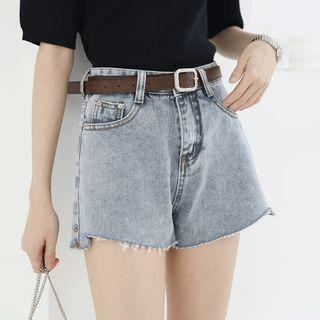Set: Washed Distressed Denim Shorts + Belt