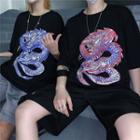 Dragon Print Elbow-sleeve T-shirt