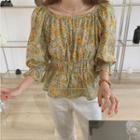 Boatneck Floral Lantern-sleeve Slim-fit Top