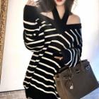 Striped Halter Cut-out Long Sweater Black & White - One Size
