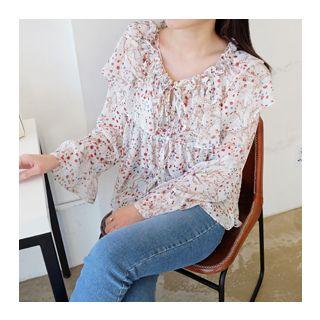 Ruffle-trim Ribbon-neck Chiffon Top