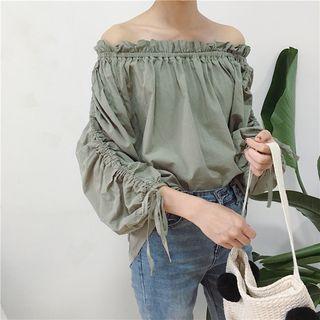 Plain Loose-fit Off-shoulder Long-sleeve Blouse