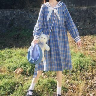 Plaid Long-sleeve Shift Dress As Shown In Figure - One Size