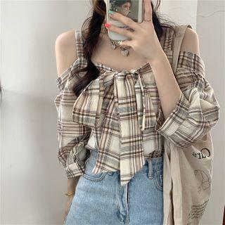 Plaid Cold-shoulder 3/4-sleeve Blouse