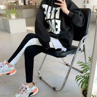 Set: Letter-printed Fleece-lined Hoodie + Contrast-trim Leggings Black - One Size