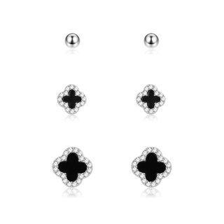925 Sterling Silver Simple Lucky Four-leafed Clover Cubic Zircon Three-piece Stud Earrings Silver - One Size