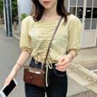 Short-sleeve Plaid Drawstring Front Cropped Top