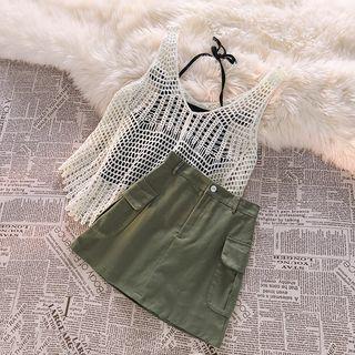 Plain Halter Top / Perforated Knit Tank Top / Mini Cargo Skirt