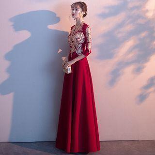 3/4-sleeve Embroidered A-line Evening Dress / Evening Gown