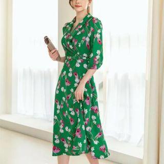 3/4-sleeve Shawl-collar Floral Print Dress With Belt