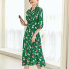 3/4-sleeve Shawl-collar Floral Print Dress With Belt