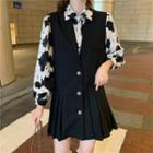 Puff-sleeve Floral Print Blouse / Overall Dress