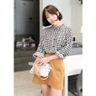 Mandarin-collar Long-sleeve Pocket-front Gingham Shirt