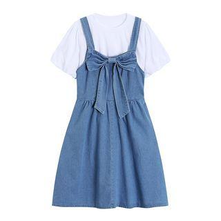 Set: Elbow-sleeve T-shirt + Ribbon Denim Mini A-line Overall Dress