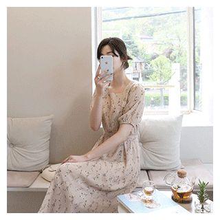 Square-neck Floral Print Dress Pink - One Size