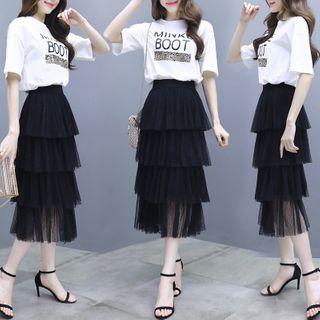 Set: Short-sleeve T-shirt + Midi A-line Tiered Skirt