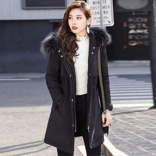 Furry Trim Hooded Embroidery Padded Coat