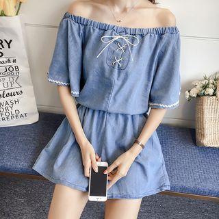 Lace Up Front Off Shoulder Elbow Sleeve Denim Playsuit