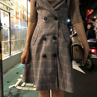 Set: Elbow-sleeve Knit Top + Buttoned Plaid Pinafore Dress